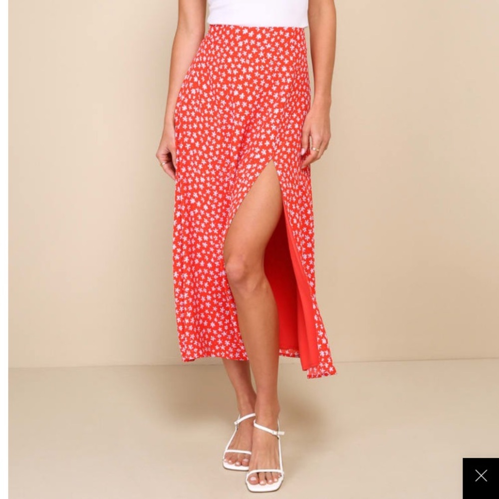 High Rise Red Floral Women's Skirt with High Leg Slit